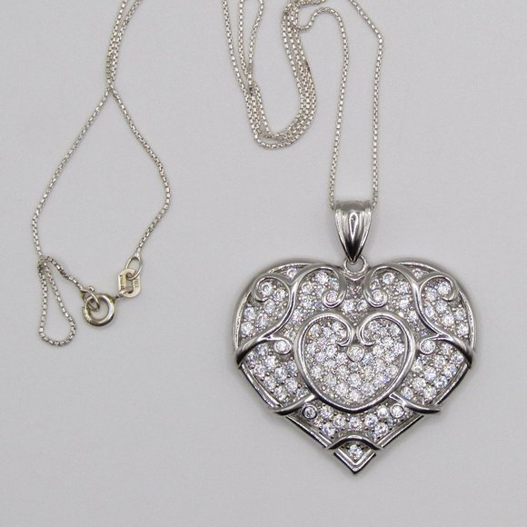 Exquisite Sterling Silver Puffed Pave with Filigree Heart Pendant with Chain - Picture 1 of 4